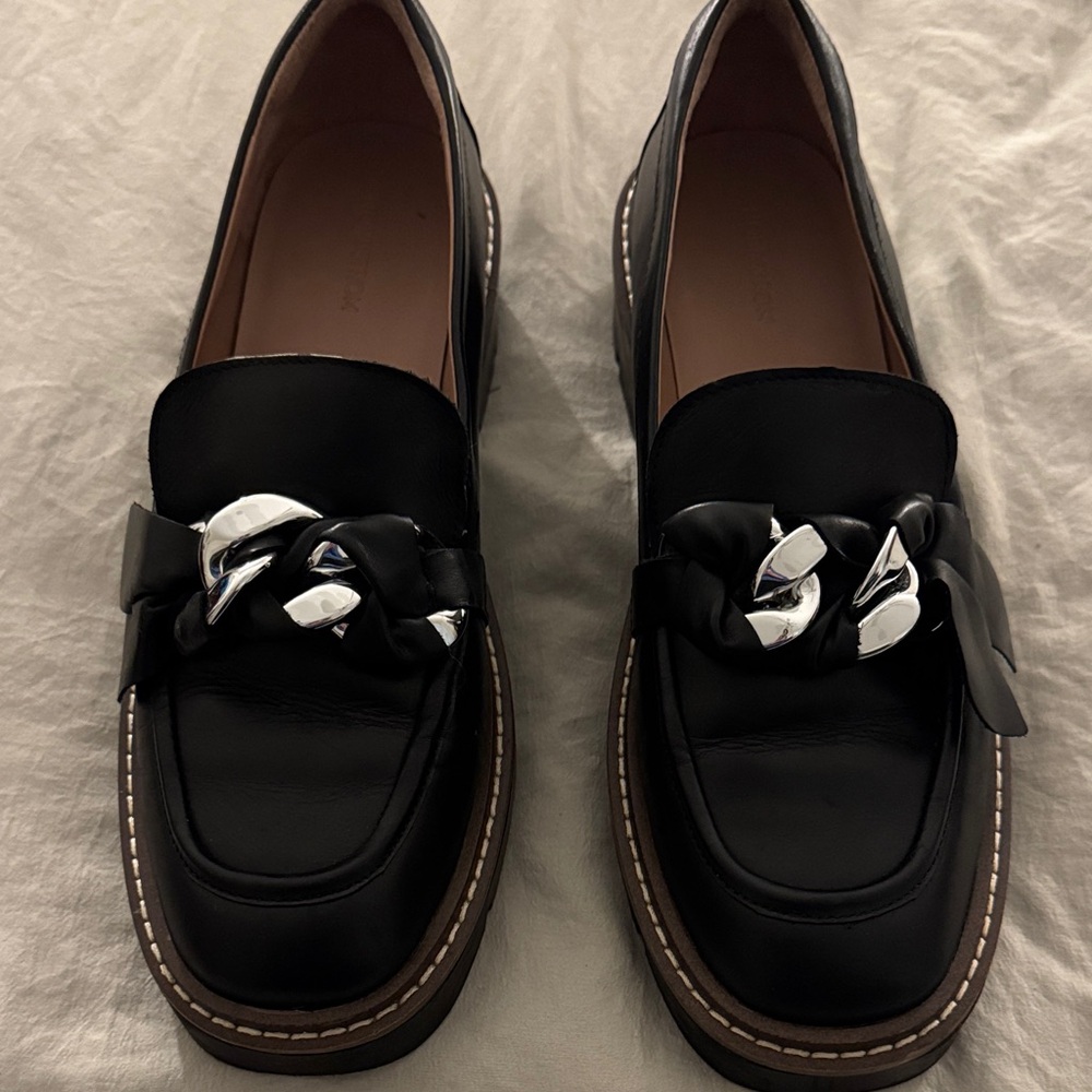 Nordstrom Black Loafers with Silver Chain Detail